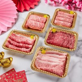 Premium A5 Wagyu Shabu Set slices, beautifully marbled and arranged for a hot pot meal.