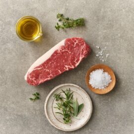 A perfectly cut, richly marbled Barley Fed Free-Range Beef Striploin Steak MS2 on a clean surface.