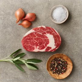 A perfectly marbled Barley Fed Free-Range Ribeye Steak MS4, showcasing its rich red color and intricate fat flecks.