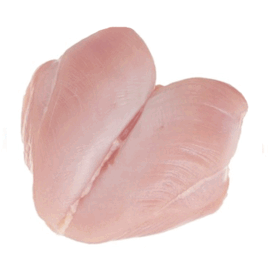 A tray of premium, individually frozen, skinless chicken breasts, ready for cooking.
