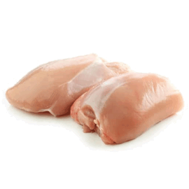 A close-up of premium, individually quick-frozen chicken breast fillets, neatly arranged.
