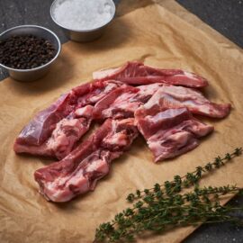 Close-up of premium Dingley Dell Pork Soft Bone, frozen and ready for cooking.