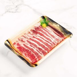 Paper-thin slices of Grassfed Wagyu Navel End Brisket Shabu 2mm, beautifully marbled and arranged for a hot pot meal.