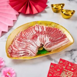 Paper-thin slices of beautifully marbled Iberico Pork Belly Shabu arranged for hot pot.