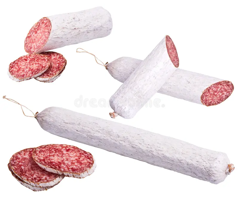 A whole dry-cured salami stick, rich in color and expertly prepared, ready for slicing.